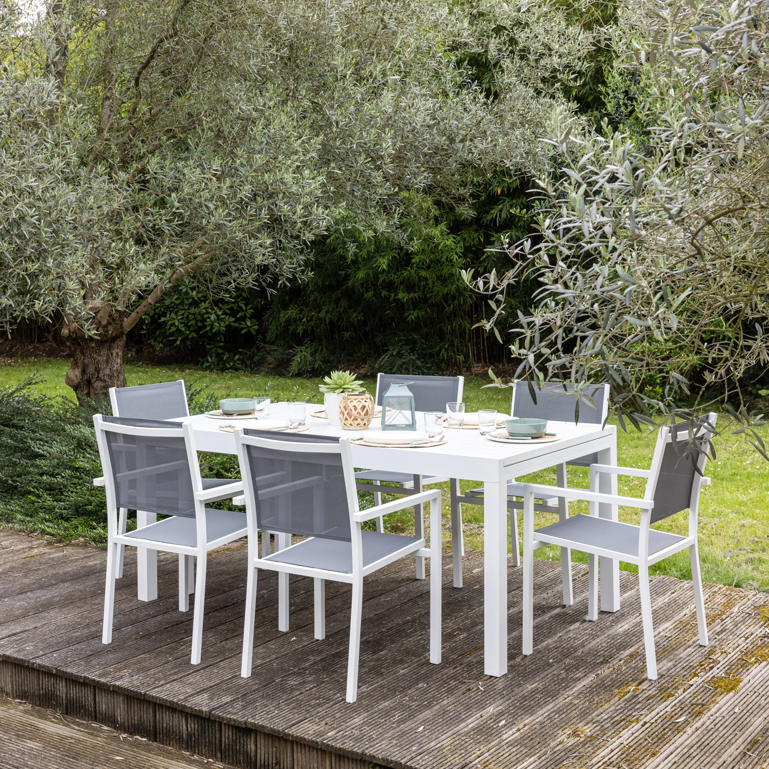 Gartenmöbel VENEZIA ausziehbar 180/300 aus grauem Textilene 10 Sitzplätze - Weißaluminium
